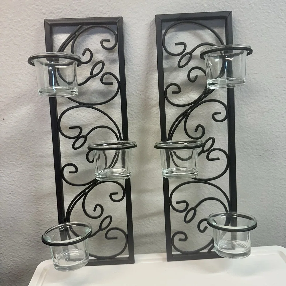 Set of 2 Black Metal Scroll Wall Candle‎ Holders Glass Votive Cups 14